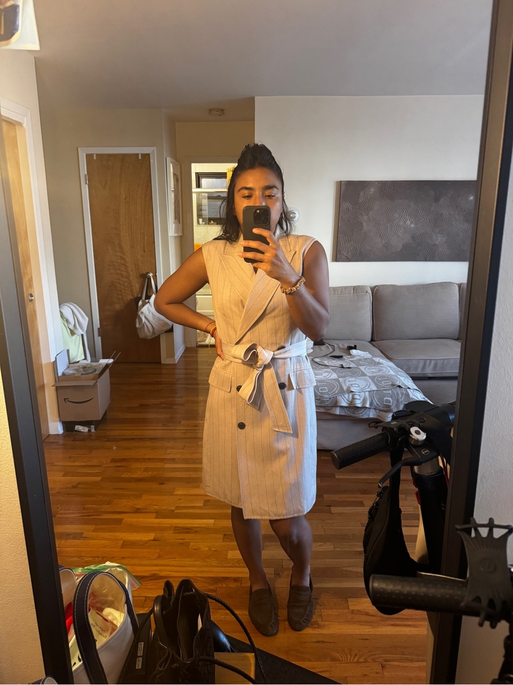 H&M Cream Pinstripe Sleeveless Wrap Midi Dress with Belt